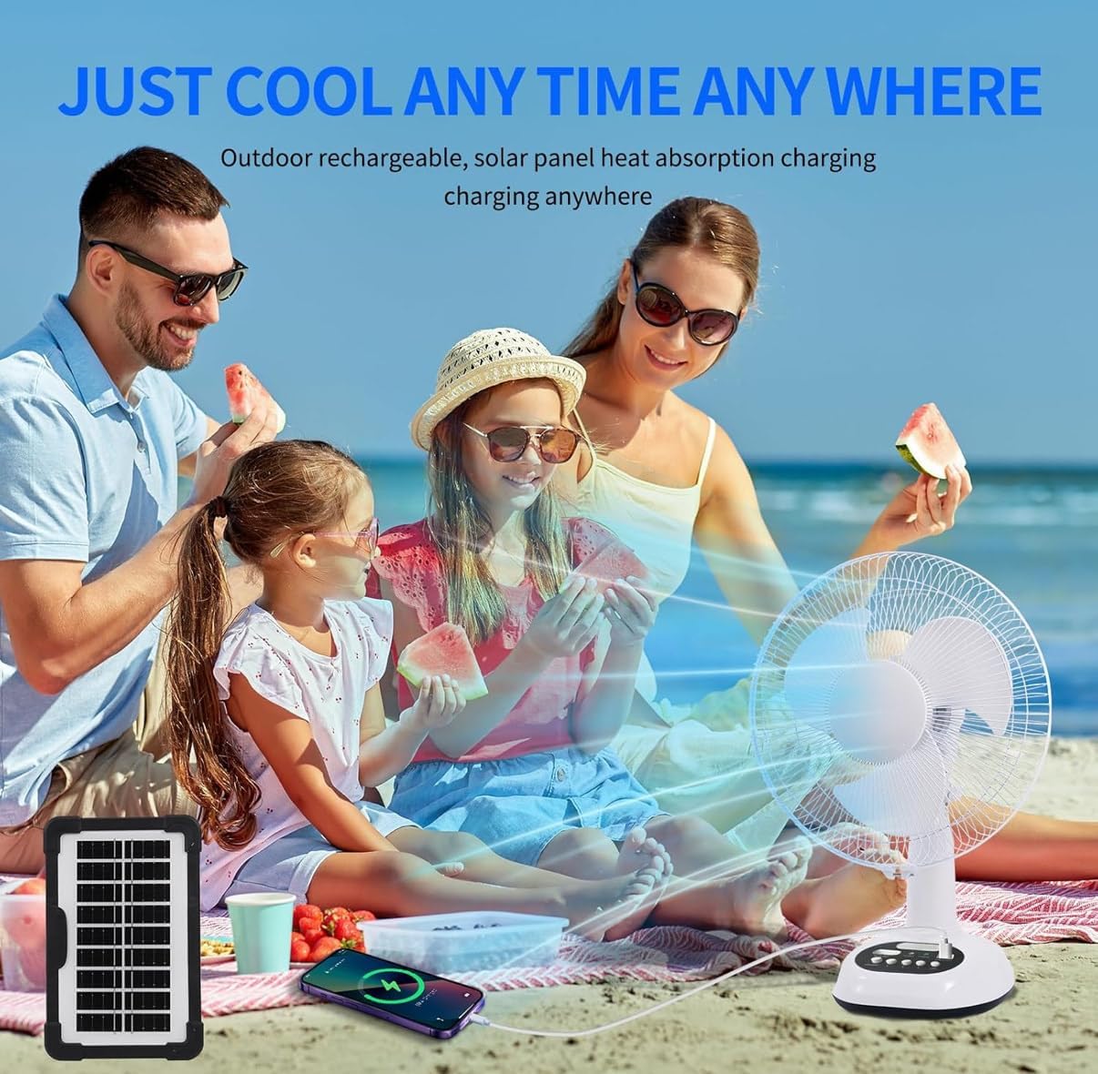 New Rechargeable Fan With solar panel, USB port, night LED light and 2 Free bulbs. Eco-Friendly Cooling