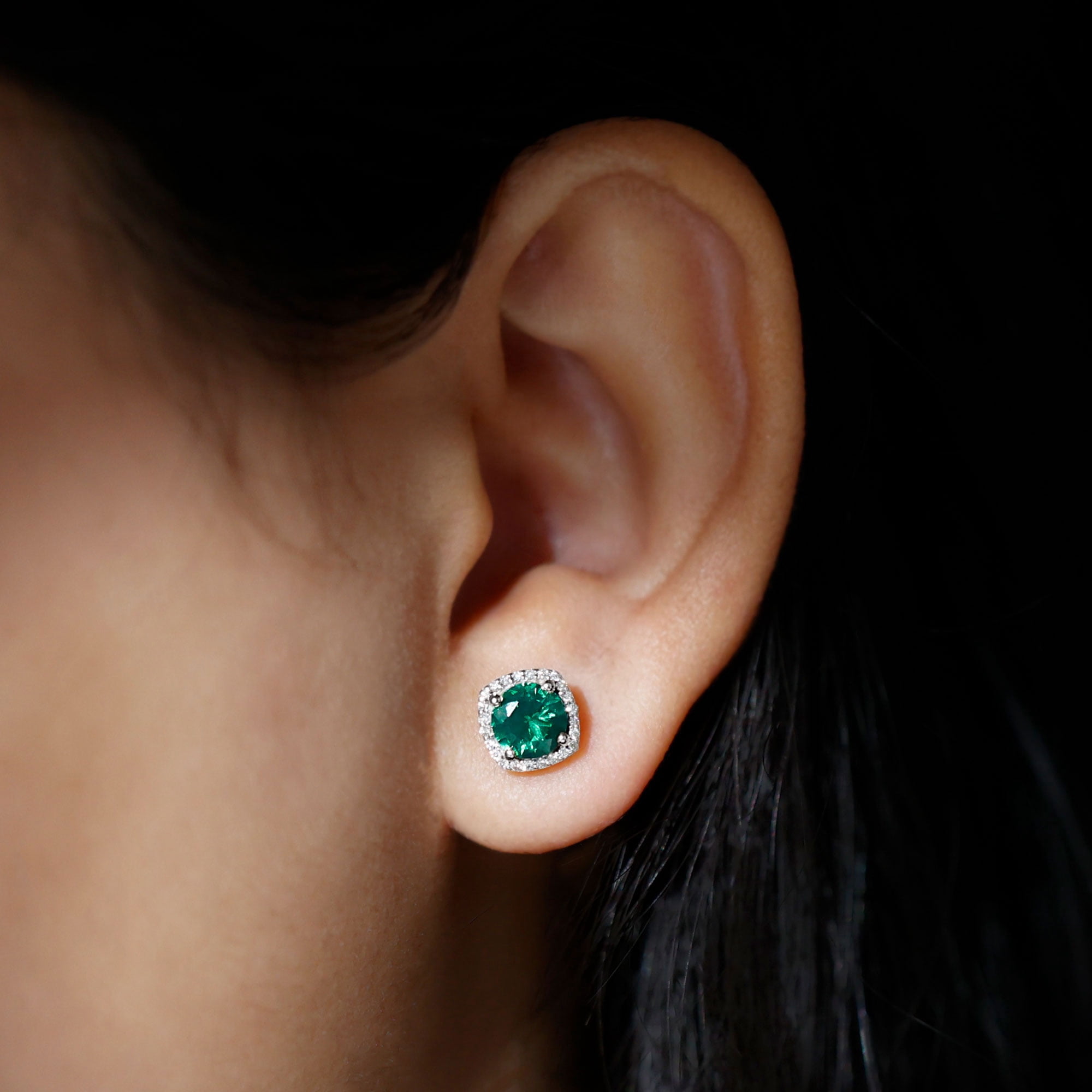 Rosec Jewels Lab Grown Emerald Earrings with Moissanite - Emerald Halo Stud Earrings in Silver - 6 mm - AAAA Quality