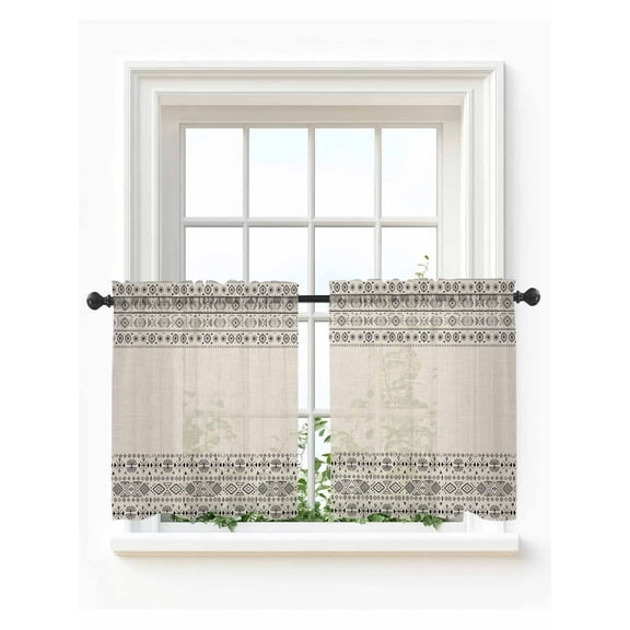 Beige Black Boho Tier Curtains 24 Inch Length,Sheer Curtains for Bedroom Living Room Window Vintage Ethnic Tribe Abstract Art Rod Pocket Drapes Kitchen Curtains Small Half Window 27.5"x24" 2 Panels