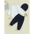 thumbnail image 4 of Bslissey 3M 6M 9M 12M 18M Baby Girls Boys 3Pcs Outfits Long Sleeve Letter Print Romper + Elastic Waist Pants + Beanie Hat Sets Newborn Infant Casual Daily Clothes, 4 of 8