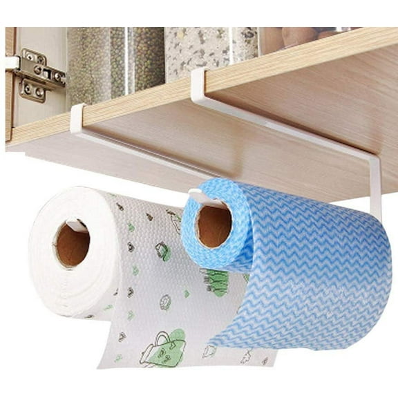 2 Pack Paper Towel Holder Under Cabinet, White Hanging Paper Roll Holder for Kitchen Bathroom, No Drilling Use Directly