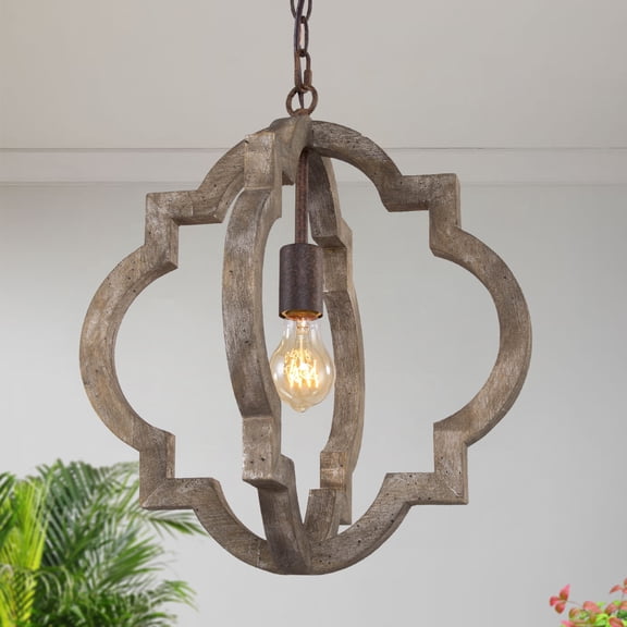 LNC 1-Light Bronze Finish Farmhouse Lantern Wood Pendant Light for Kitchen Island