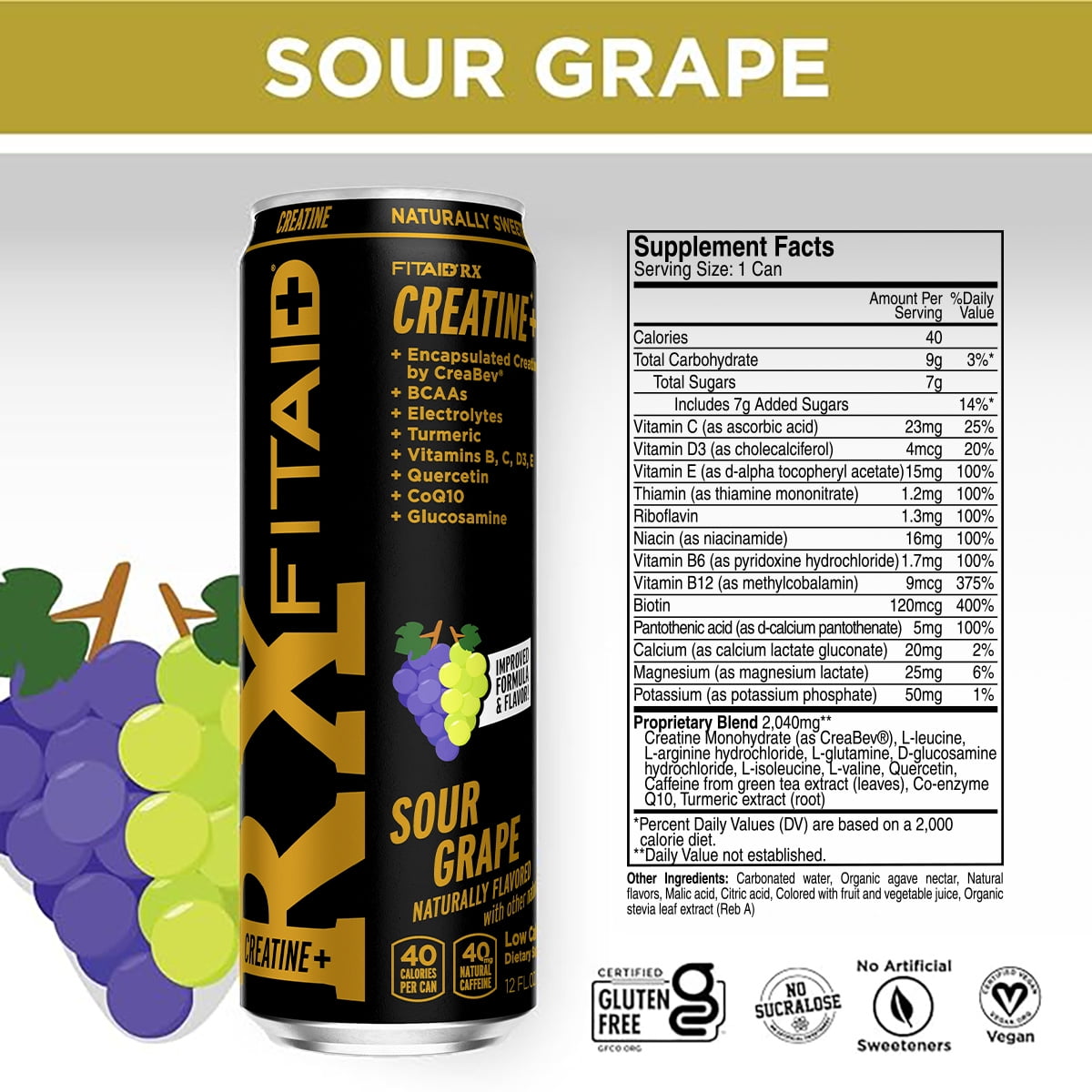 FITAID RX Recovery Blend and Encapsulated Creatine, Sour Grape, 24 Pack. BCAAs, Glucosamine, Electrolytes, Green Tea, 100% Clean, Paleo, Vegan & Gluten-Free, No Sucralose, 12-oz. cans