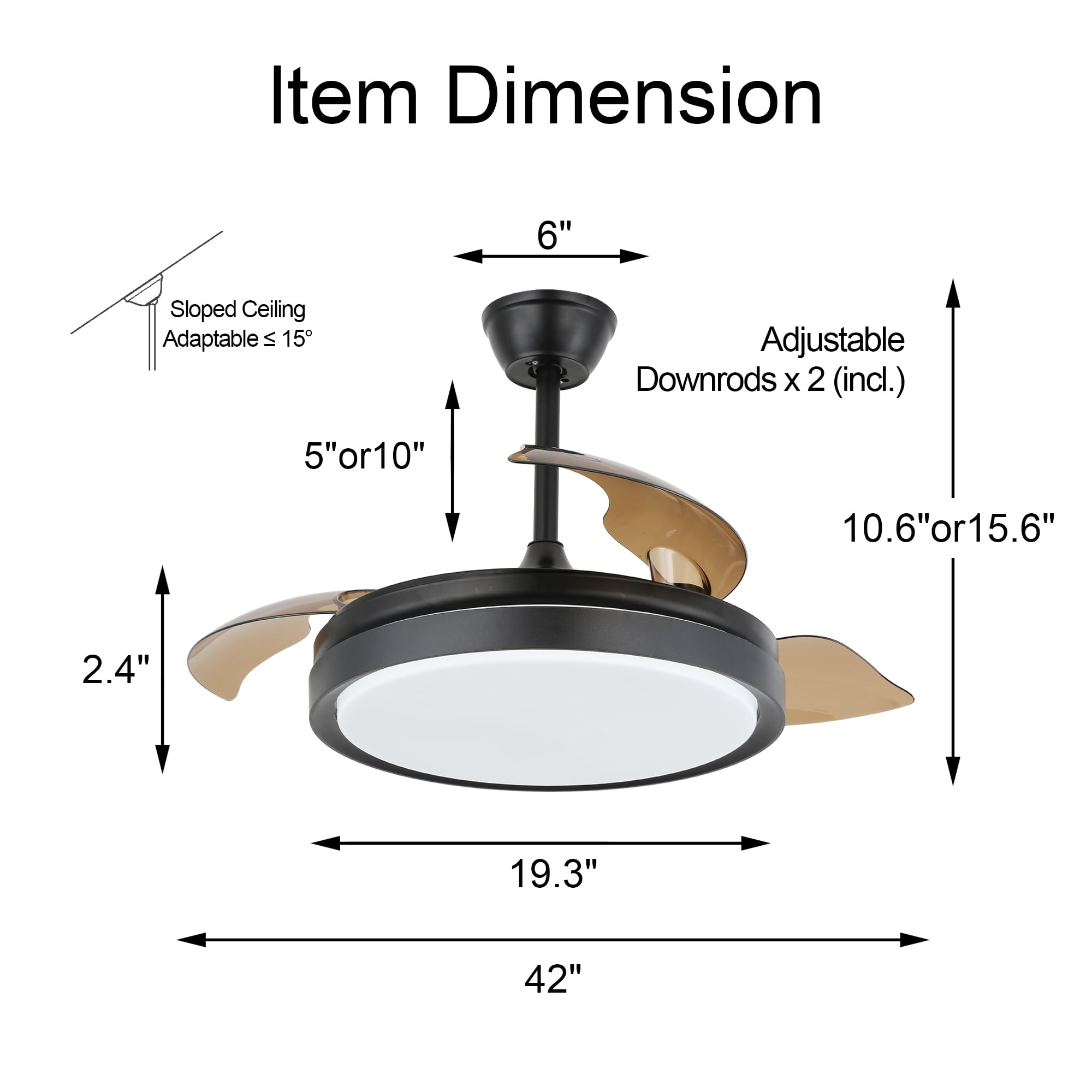 42" Retractable Ceiling Fan Reversible With Remote Control and Light Kit