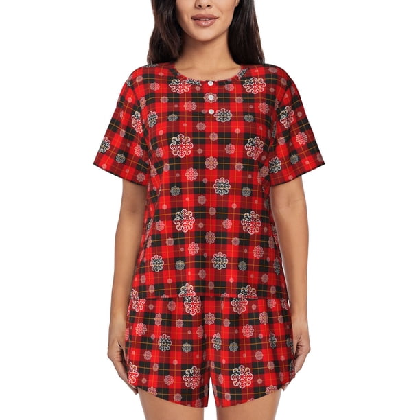 Fotbe Snowflakes On A Buffalo Plaid Conjunto de Pijama Estampado para Mujer, 2 Piezas, Ropa de Dormir con Camiseta de Manga Corta y Shorts Suaves-XX-Large