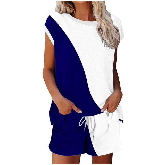Conjunto de Pantalones de Cuello Redondo Y Cordón de Manga Corta Impresa para Mujeres Conjunto de Poliéster, Desgaste Casual sin Posicionamiento para Mujeres