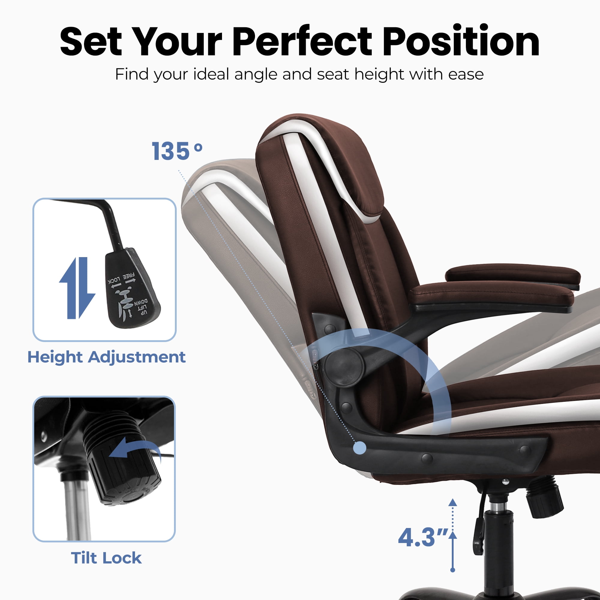 CELTOSS Leather Office Chair, Ergonomic Executive Chair with Padded Flip-Up Armrests, Mid-Back PU Computer Desk Chair, Brown