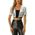 thumbnail image 1 of INSPIRE CHIC Cardigan Court de Fête à Paillettes pour Femme, Manches Courtes Bouffantes, Ouvert à l'Avant, TG Argent, 1 of 6