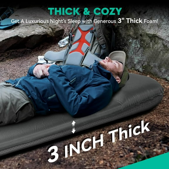 Self Inflating Sleeping Pad for Camping, 3'' Ultra Thick Camping Pad with Pillow, 9.5 R-Value Insulated Camping Mattress, 4-Season Inflatable Foam Camping Mat for Car, Tent, Cot