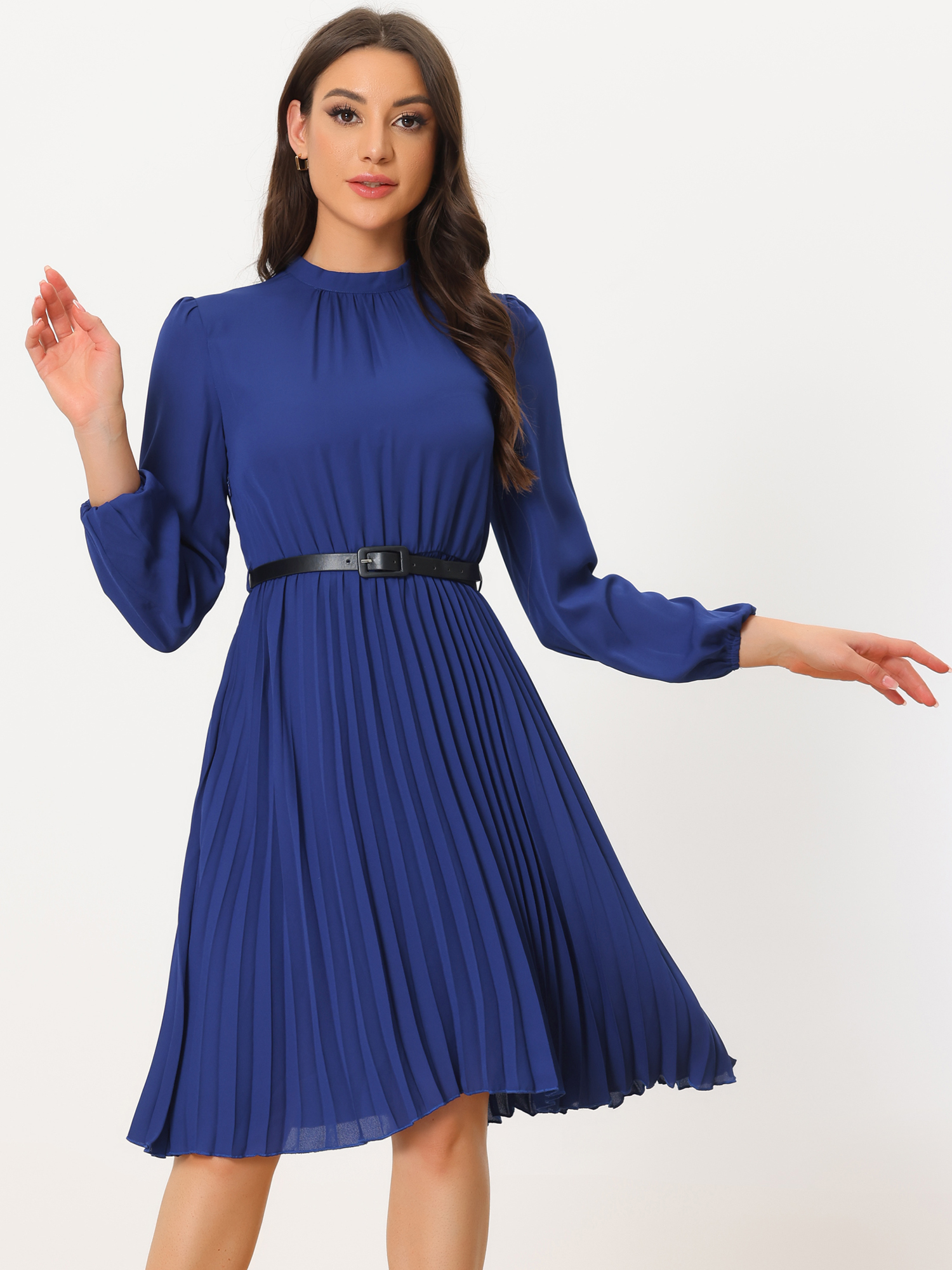 DARING DIVA Work Shirt Long Sleeve Pleated Midi Dress L Royal Blue