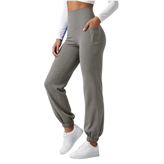cocolona Womens High Waist Casual Yoga Pants Elastic Waist Straight Slim Leg Gym Workout Lounge Trousers with Pockets