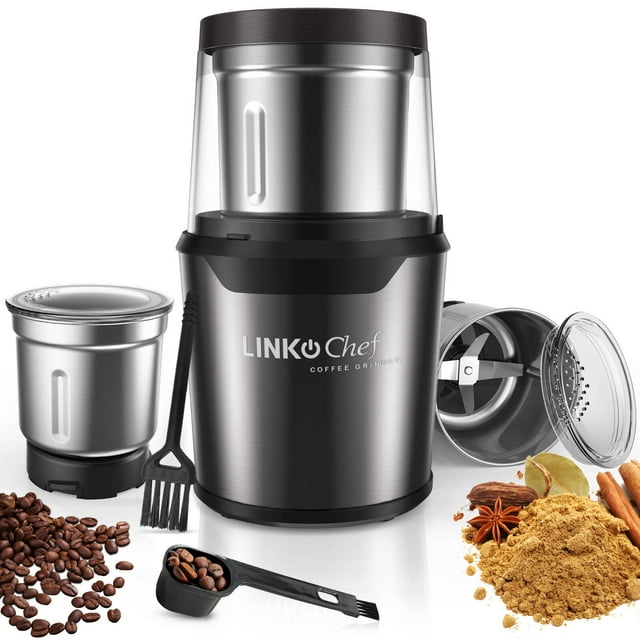LINKChef Moulin à Café, Moulin à Grains de Café, Moulin à Épices avec Quatre Lames en Acier Inoxydable Parfait pour Grains de Café, Épices, Thé (Noir)