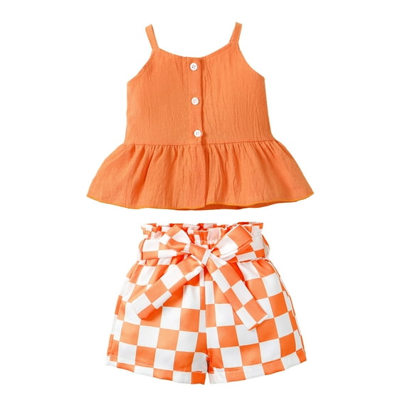 Kucnuzki Infant Baby Girls Summer Outfits 12-18 Months Clothes Sets Summer Ruffle Sleeveless Off-the-Shoulder Tank Top Solid Color Top Plaid Shorts Sets 2pcs Orange