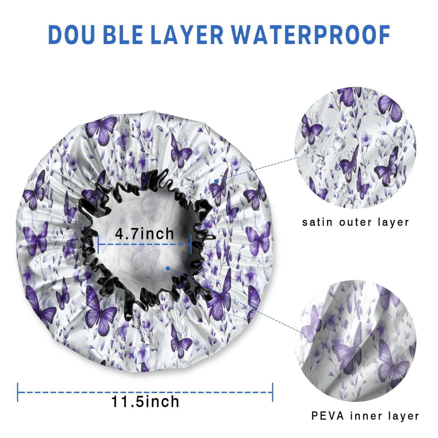 Shower Caps,White Purple Butterfly Plant Pattern Waterproof Shower Cap for Women 4 Pieces,Double Reusable Hair Cover for Shower PEVA Elastic Stretch Hem