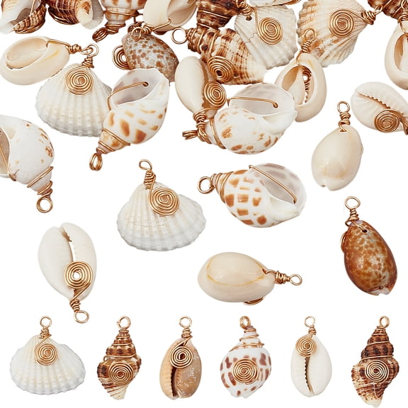 30 Pcs Natural Beach Shell Charms Ocean Conch Seashell Pendants Copper Wire Wrapped Shell Charms with Loop for Jewelry Making DIY Crafts