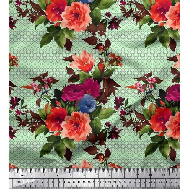 Soimoi Polyester Crepe Fabric Geometric,Leaves & Peony Floral Fabric Prints by Yard 42 Inch Wide