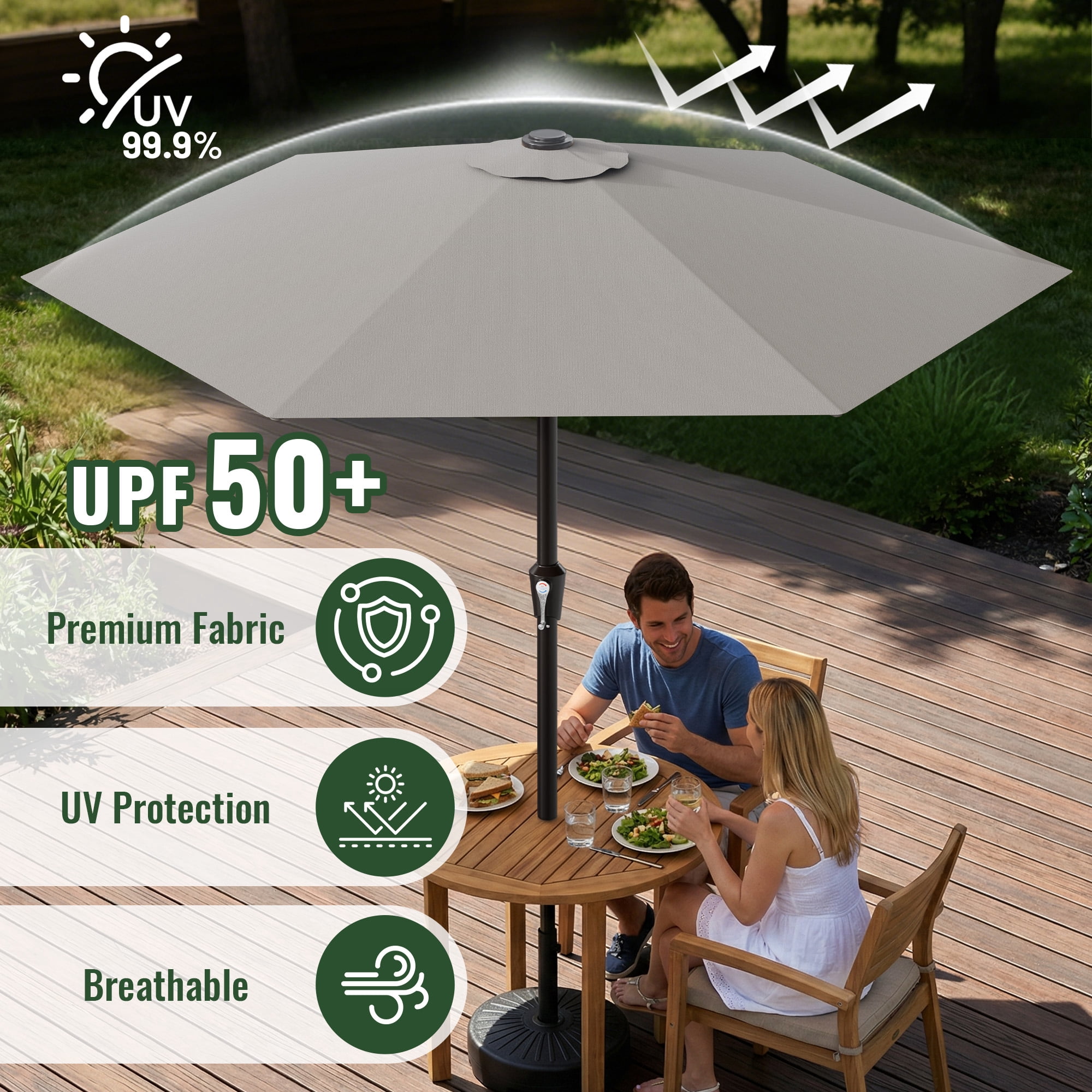 Easthome 9ft Patio Umbrella with Crank Lift System & 6 Sturdy Ribs Waterproof, Patio Table Umbrella Perfect for Poolside, Terrace, Beach and Outdoor Restaurant, Light Gray