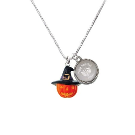 Resin Jack-o-Lantern with Witch Hat - Happy Hanukkah Menorah Necklace