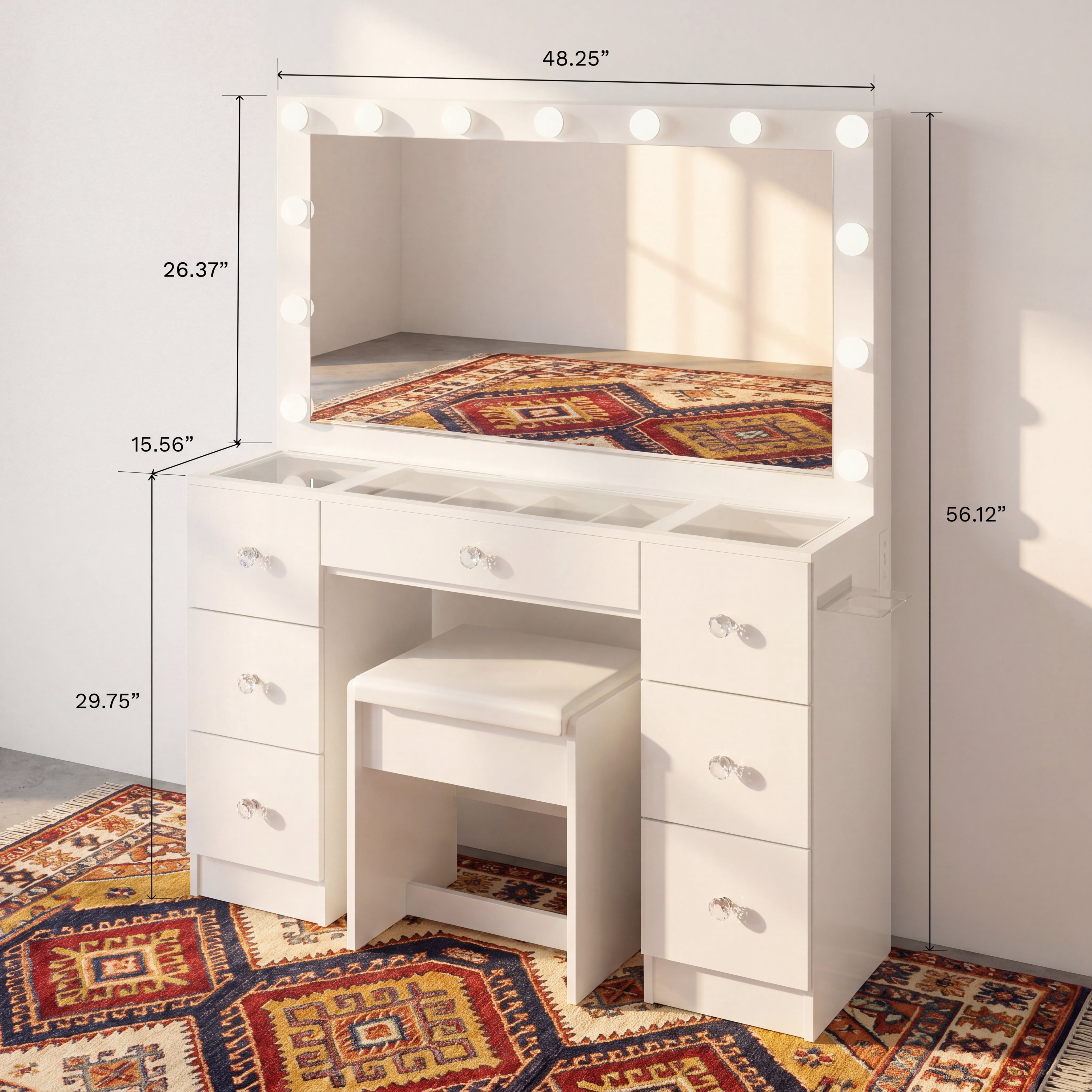 Ember Interiors Chantal White Makeup Vanity Set, 13-Bulb Mirror, USB/Outlet