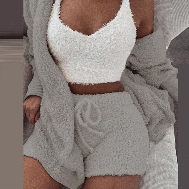 Trajes esponjosos sexys de tres piezas, cárdigan con capucha de terciopelo de felpa, abrigo, pantalones cortos y Top corto, conjuntos de chándal para mujer, sudaderas deportivas informales Tan Jianjun unisex