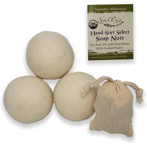 NaturOli Jumbo Wool Dryer Balls 3-Pack - and Laundry Soap - USDA Organic Soap Nuts/Soap Berry Sampler (23+ Loads)
