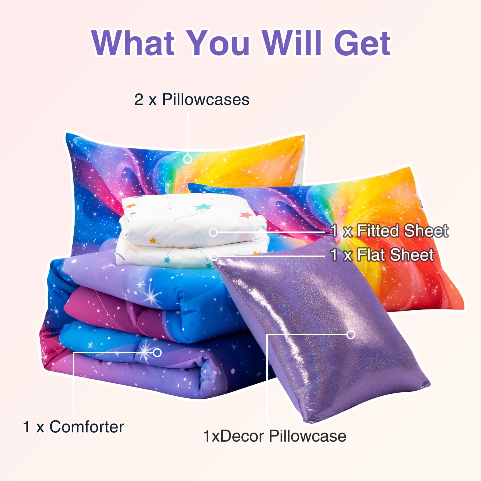 Btargot 6 Piece Galaxy Girl Comforter Set Twin Colorful Gradient Glitter Rainbow Bedding Set