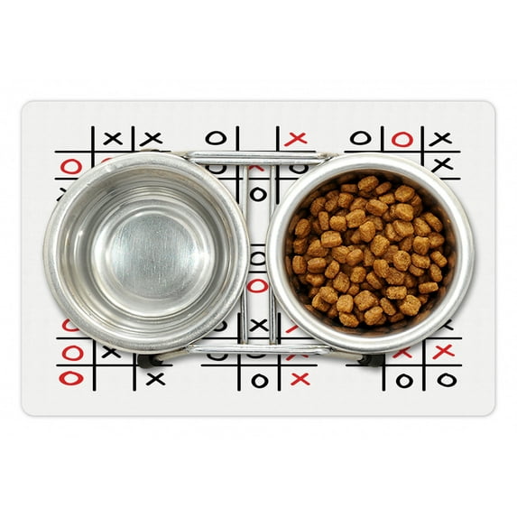 Xo Pet Mat for Food and Water, Doodle Style Tic Tac Toe Game Set Table with X and O Letters Design, Non-Slip Rubber Mat for Dogs and Cats, 18" X 12", by Ambesonne