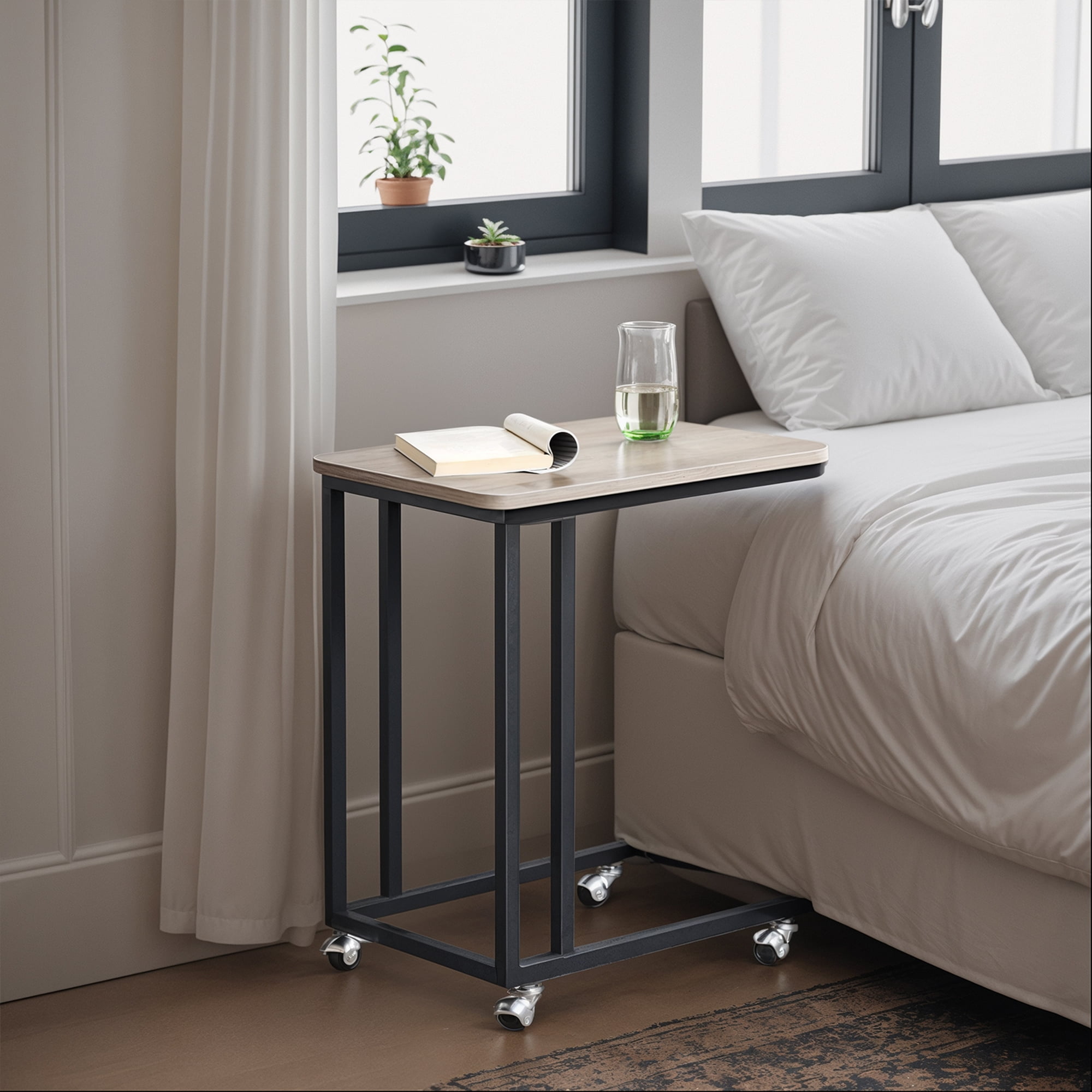 LEDREM C-Shaped End Table with Wheels, Industrial Rolling Side Table for Sofa & Bed, 23.6 Inch Mobile TV Tray, Greige & Black