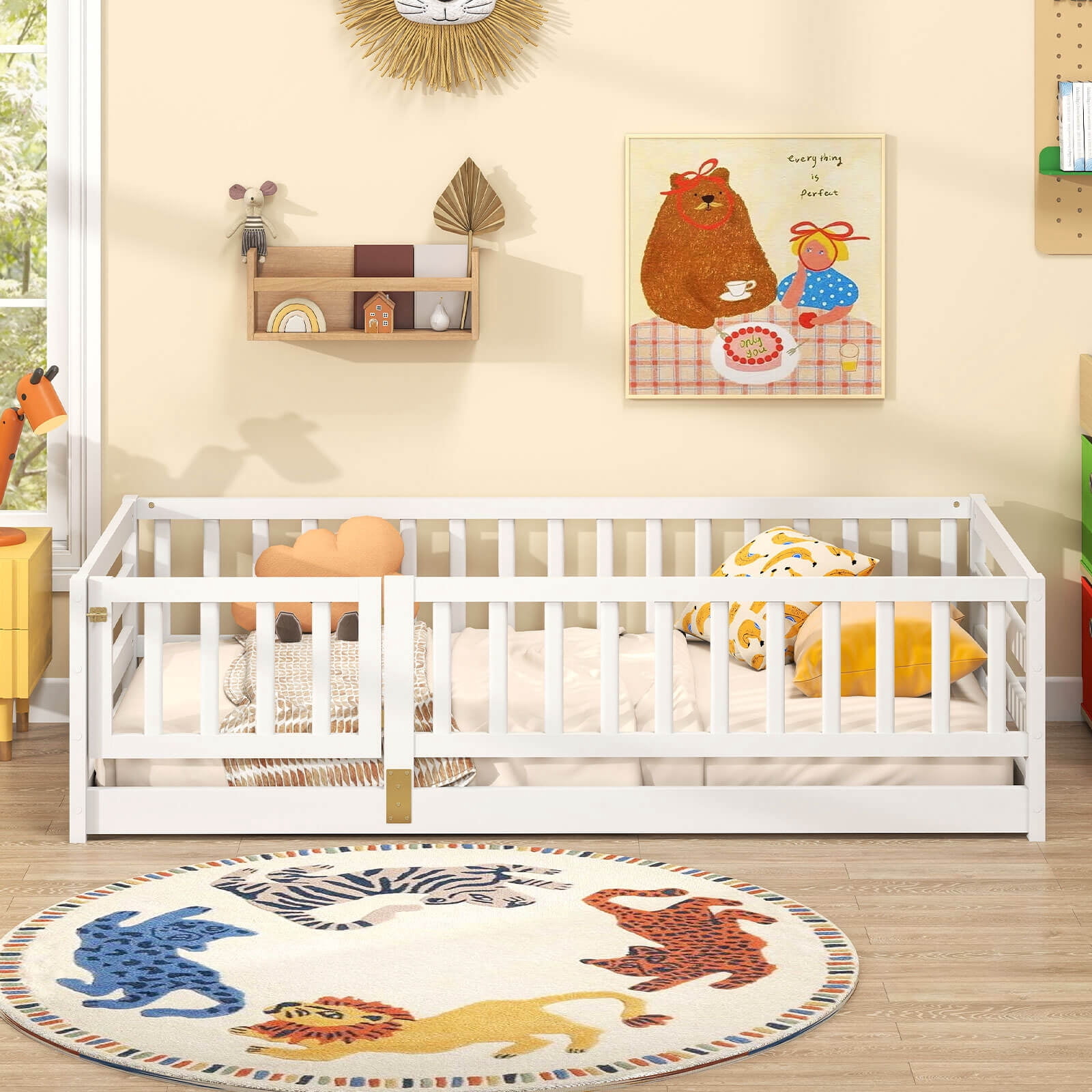 Infans Twin Size Floor Bed w/High Fence & Door Safety Guardrails Wood Floor Bed Frame