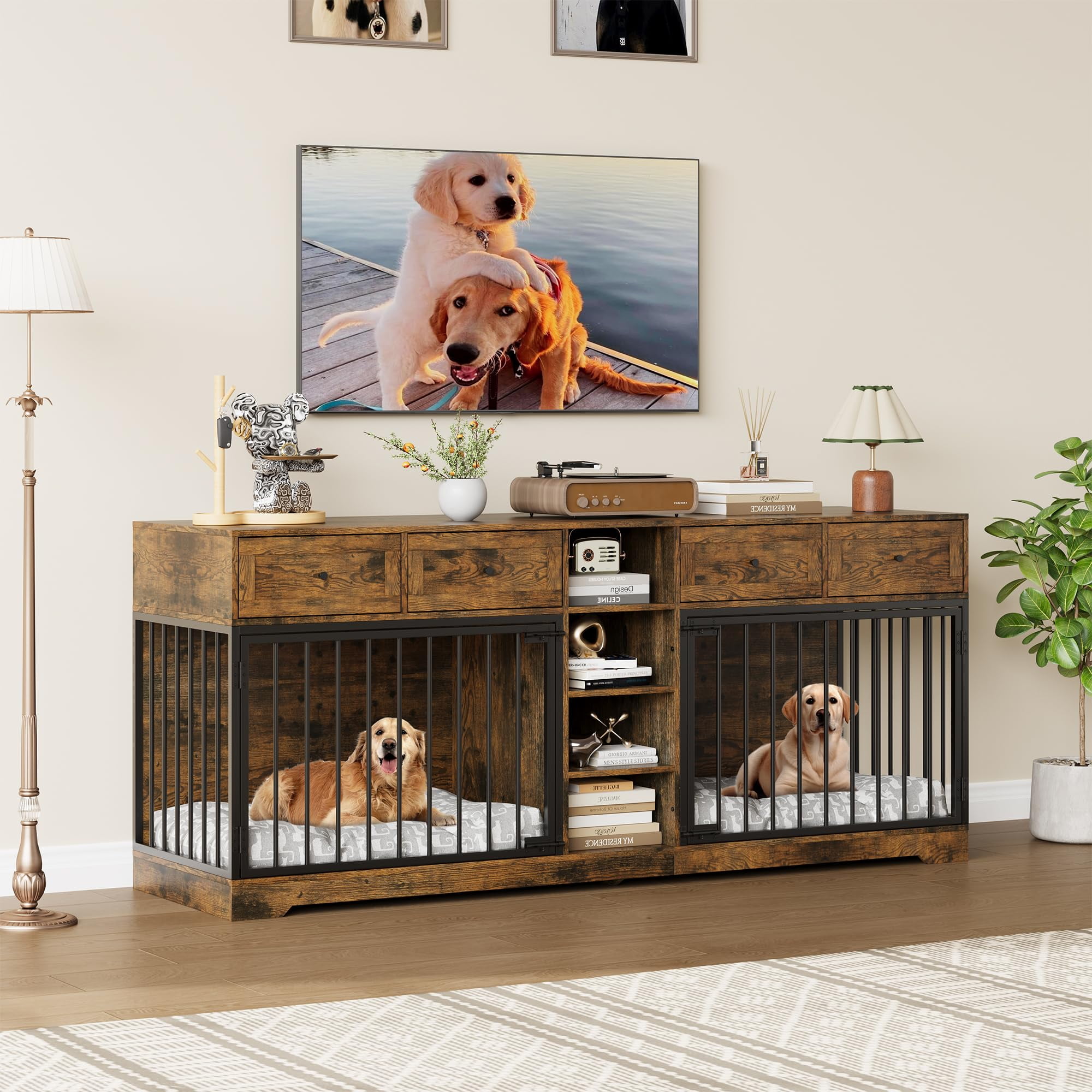 Yeshouse Large 82” Dog Crate for 2, Dog Kennel Furniture with Storage Drawers & Shelves, TV Console for Living Room