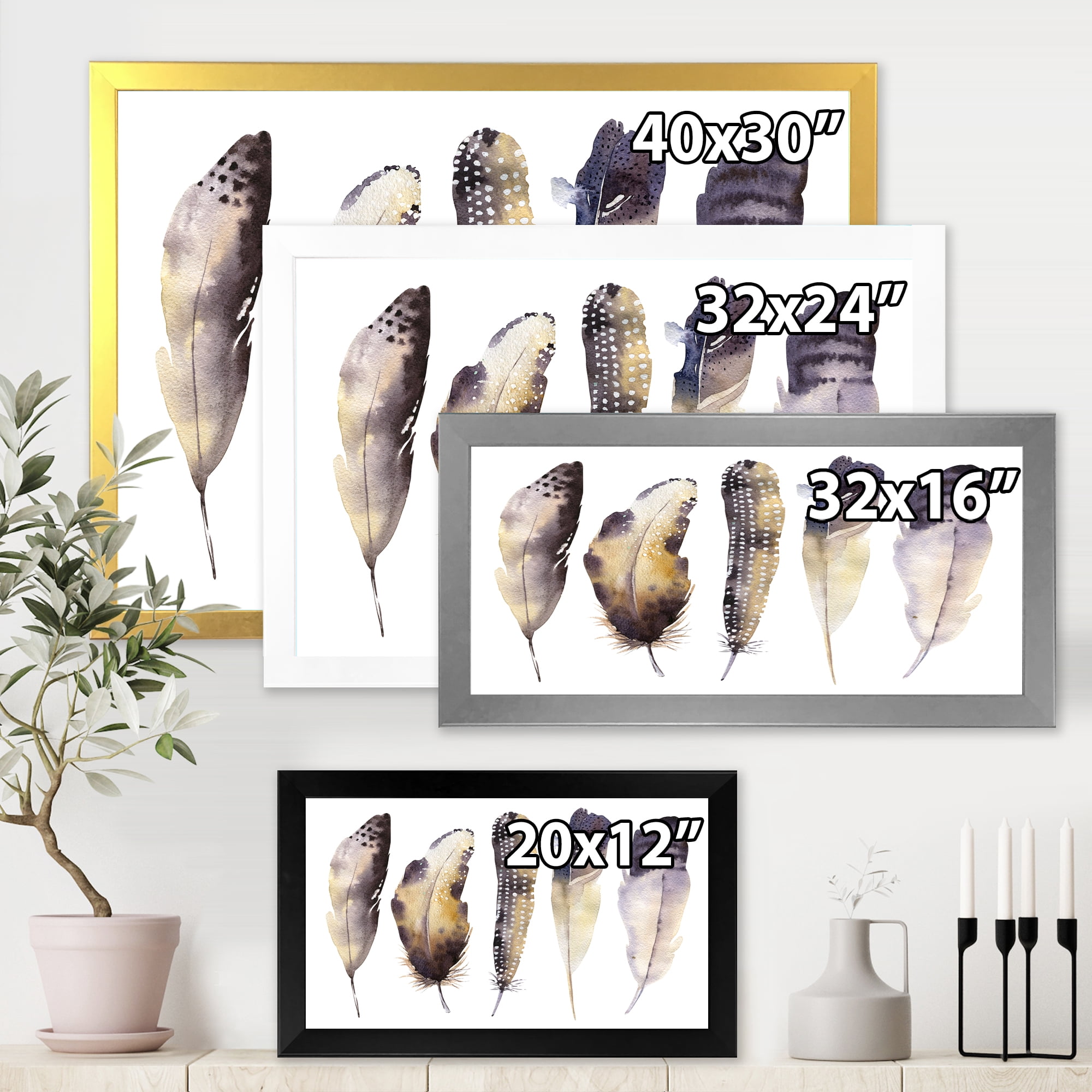 Designart 'Dark Gray Feathers Boho Ethnic I' Bohemian & Eclectic Framed Art Print