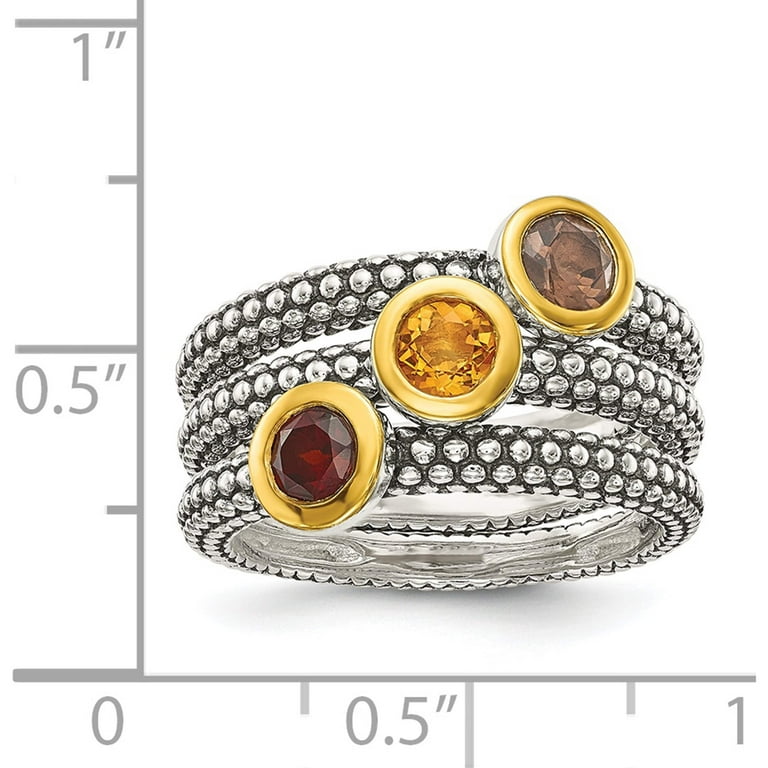 Sterling Silver Set of 3 Flash Gold Garnet, Citrine & Smoky Quartz Stackable Rings Sterling Silver Set of 3 Flash Gold Garnet, Citrine & Smoky Quartz Stackable Rings