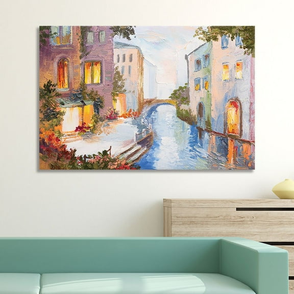 wall26 Canvas Wall Art of Textured Oil Painting of a Village River Canal | 16" x 24"