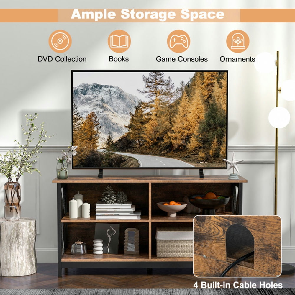 Finihen TV Stand, Entertainment Center, Wooden TV Stand Entertainment for TVs up to 55 Inch with X-Shaped Frame, for Living Room, Rustic Brown