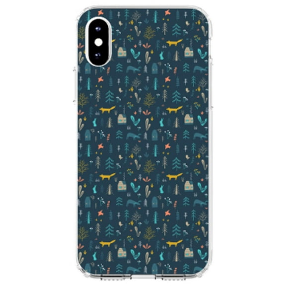 DistinctInk Clear Shockproof Hybrid Case for iPhone XS Max (6.5" Screen) - TPU Bumper, Acrylic Back, Tempered Glass Screen Protector - Modern Floral - Navy - House, Deer, Tree