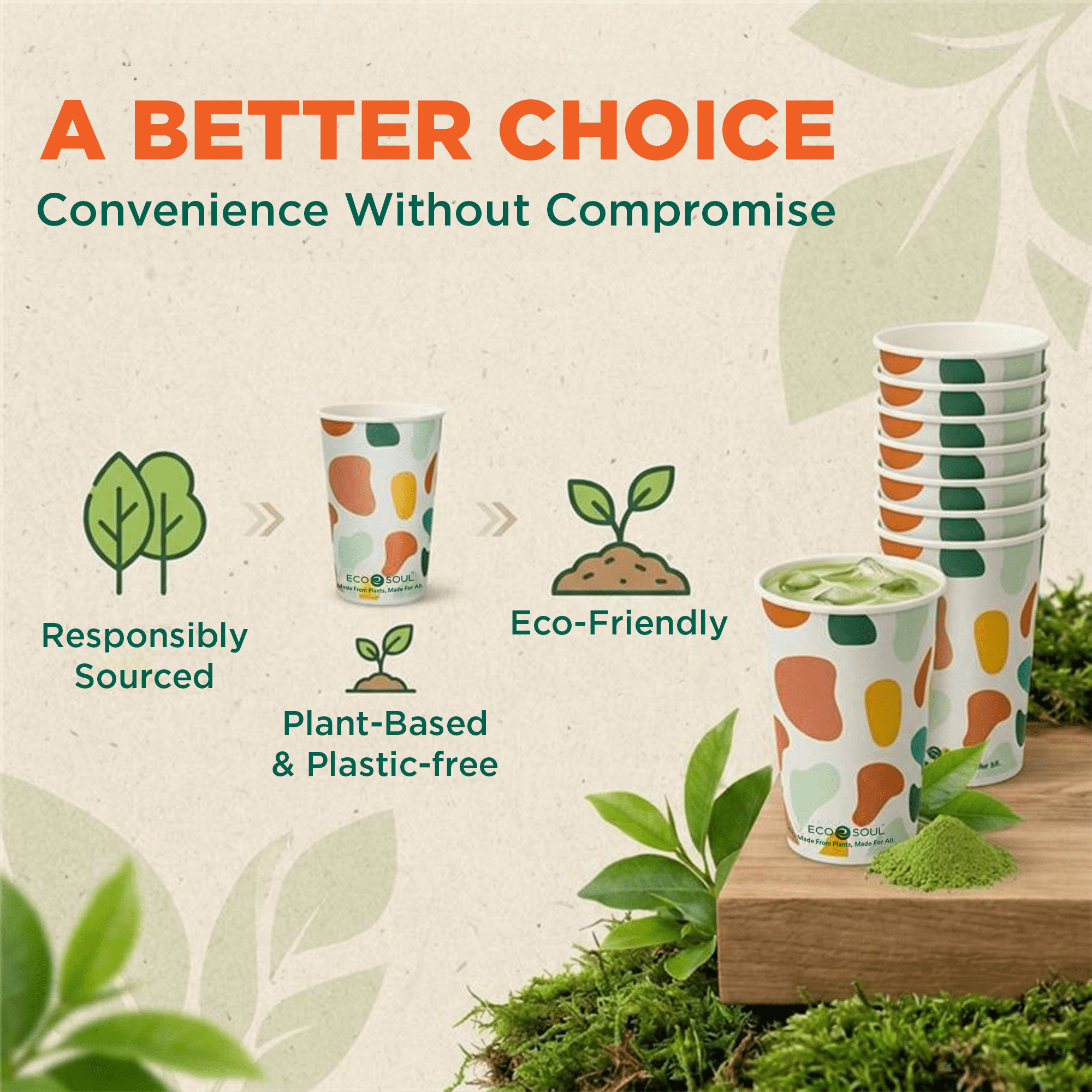 EcoSoul Compostable Hot and Cold Cups, Printed Plant-Based Disposable Cups, 16 oz, 50 Count