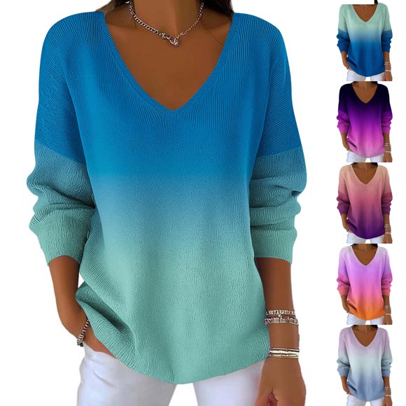 Feancey Chandails à Enfiler Grande Taille pour Femmes à Blocs de Couleur Tendance Col en V Chandail Tricoté Léger Décontracté Manches Longues Chandail Tricoté Hauts Bleu m