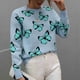 thumbnail image 2 of Jersey para mujer, suéter con cuello redondo, estampado, manga larga, dobladillo suelto, Top de punto acanalado para mujer, azul, XL, 2 of 7