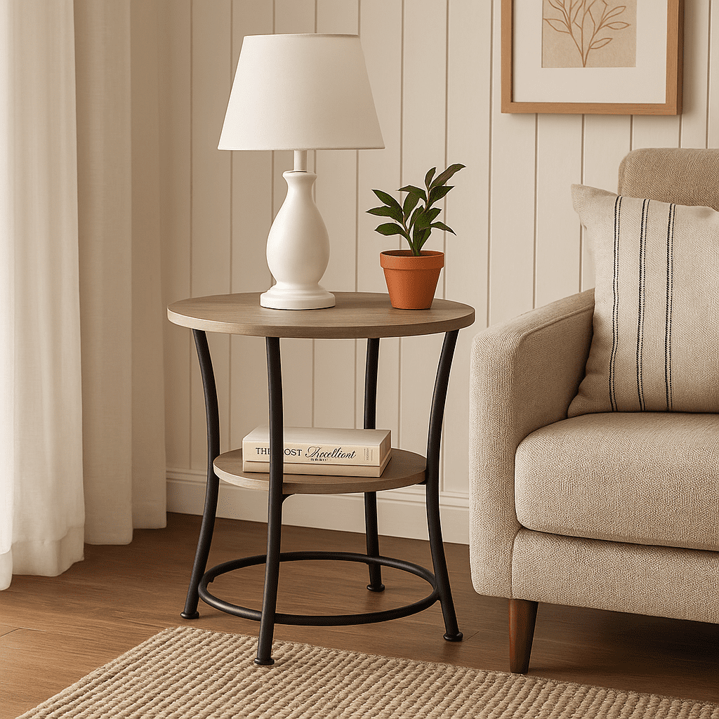 Homy Casa Round End Table with Storage Shelf for Living Room Sofa Side and Small Space, Brown