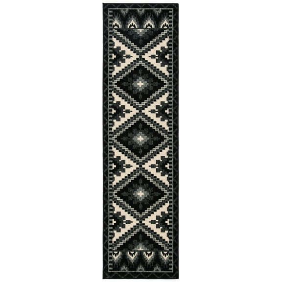 SAFAVIEH Veranda Johann Geometric Indoor/Outdoor Runner Rug, Black/Beige, 2'3" x 10'