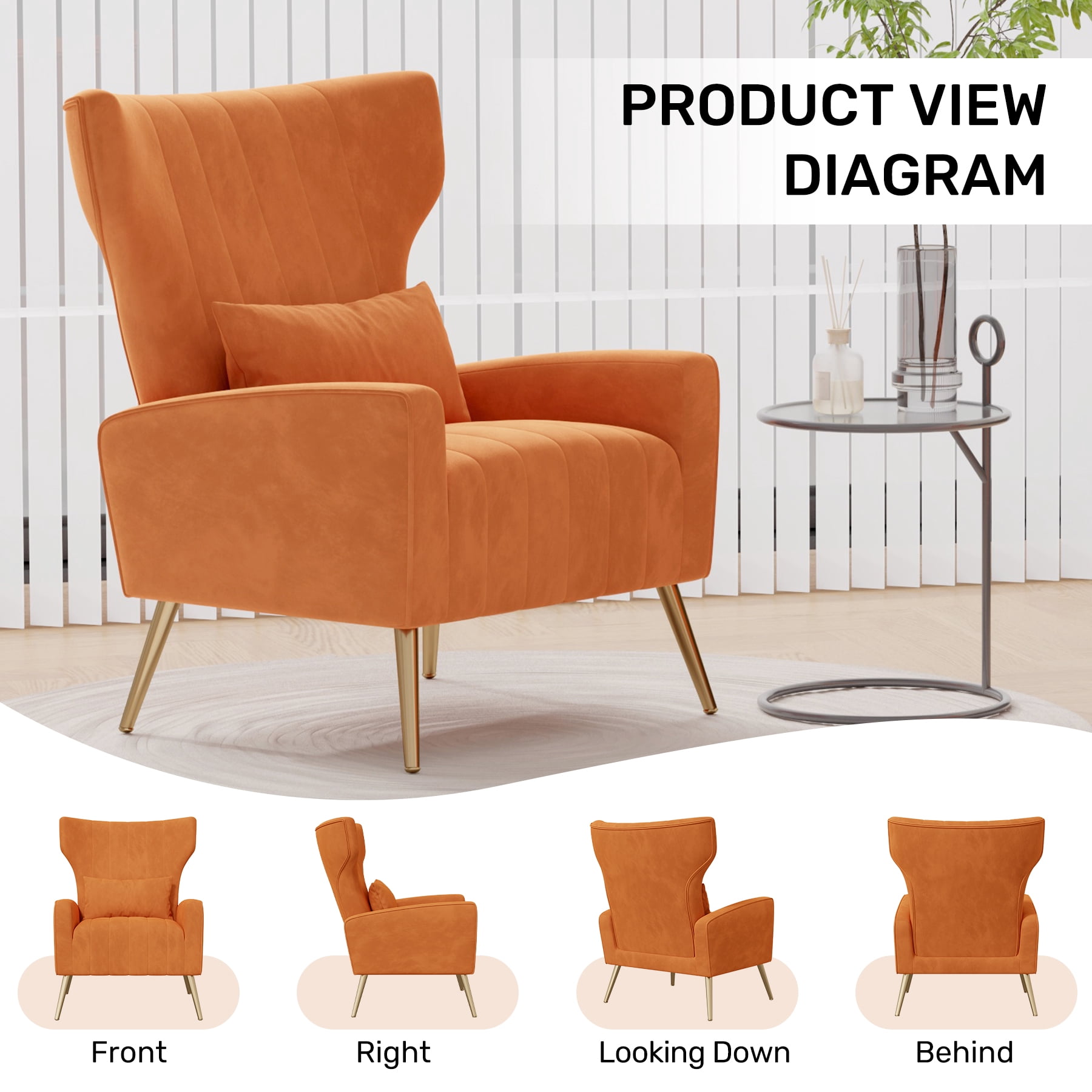MOONMISS Velvet Accent Chair for Living Room, Modern Arm Chair with Pillow, Single Sofa Lounge Chair for Bedroom & Reading Room,Orange