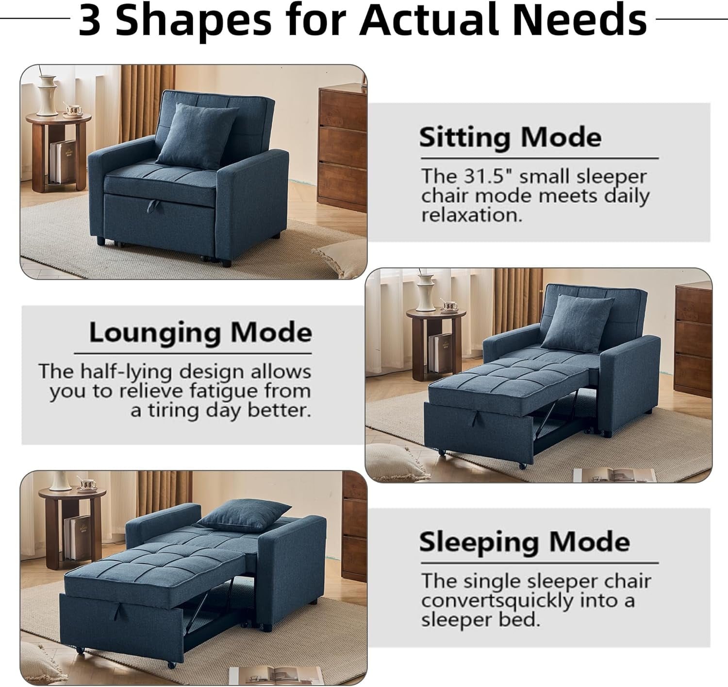 Gewnee 3-IN-1 Folding Sofa Bed Chair,Converts to Guest Bed & Office Chair,Adjustable Backrest,Wheels & Handle,Space-Saving for Apartment,Small Room,Office.Navy Blue