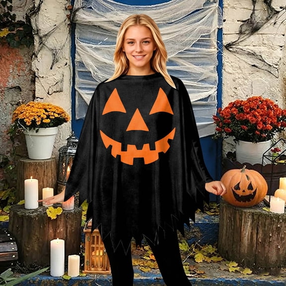 Women's Halloween Shawl Cape Pumpkin Face Poncho Party Cosplay Tops, Black, One Size
