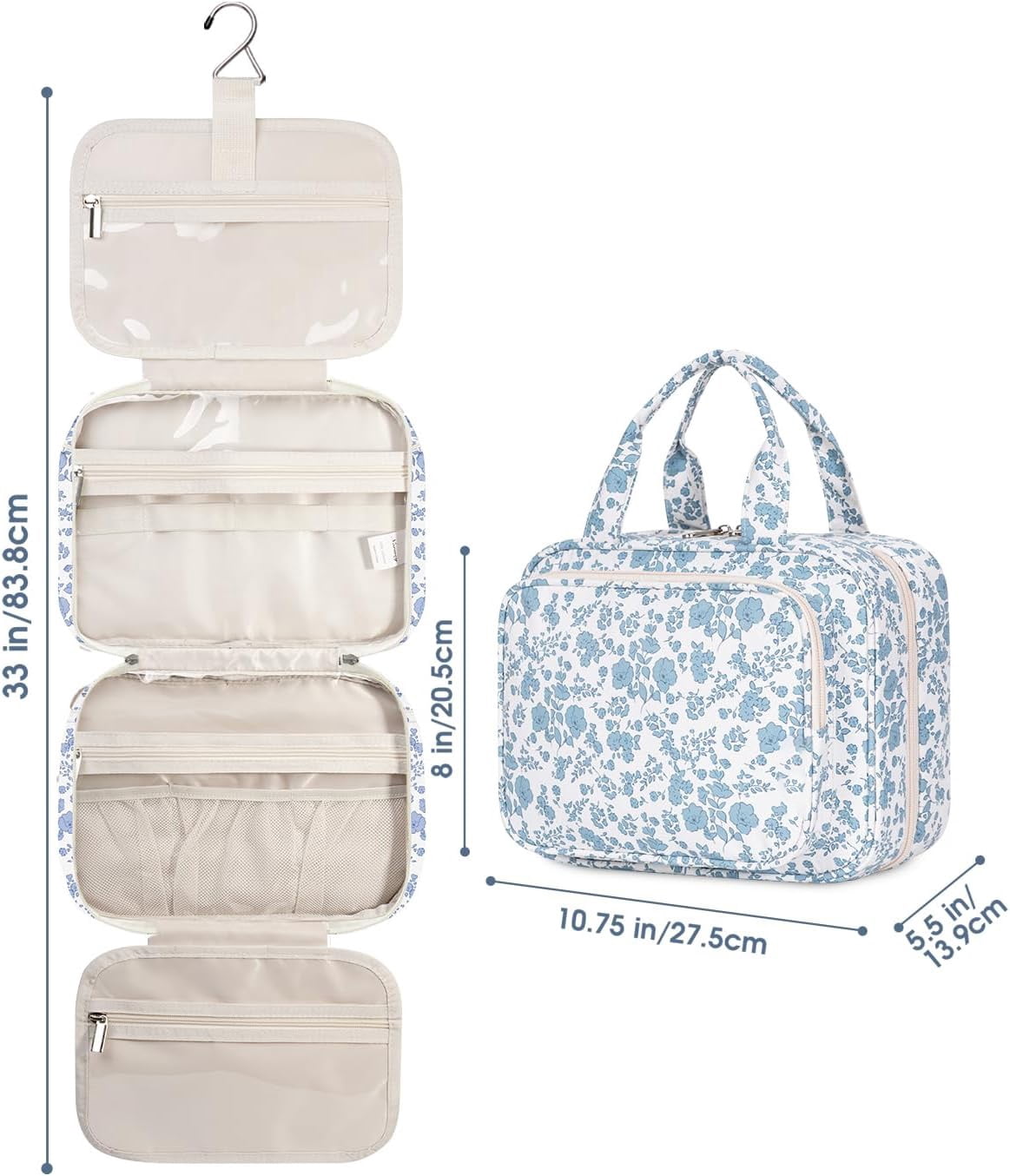 Hanging Travel Toiletry Bag with Hook, Makeup Bags for Women Cosmetic Organizer Toiletries for Brush Shampoo Travel Essentials, Blue Flower