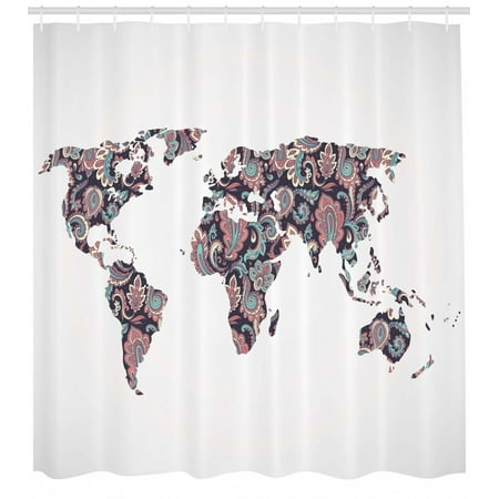 Floral World Map Shower Curtain Paisley Leaves Ornamental Eastern