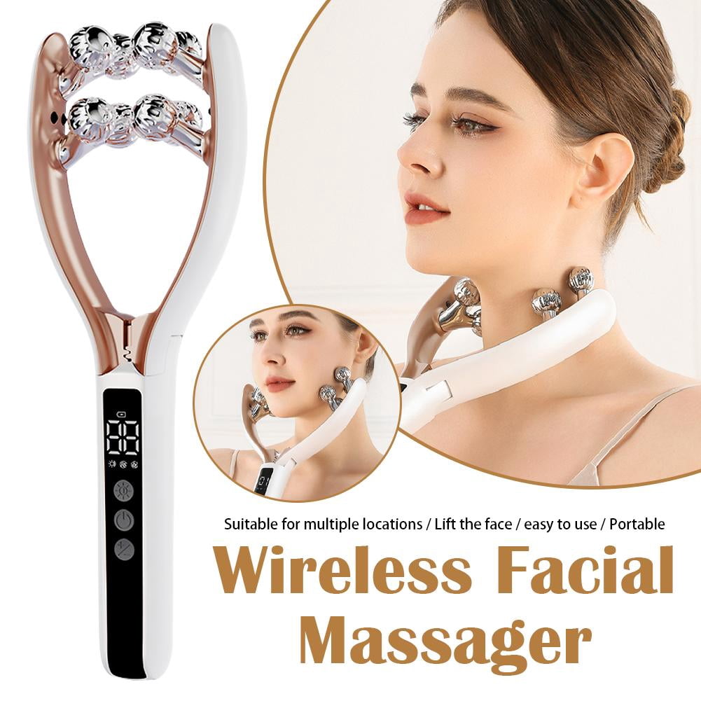White Microcurrent Facial Roller Massager for Face Lifting & Tightening, RF V-Shape Sculpting Device