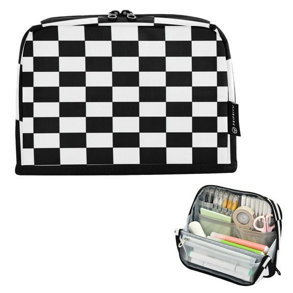 Standing Pencil Case with Base Large Capacity Stationery Pouch Pen Bag with Zipper for Women Men Black and White Check