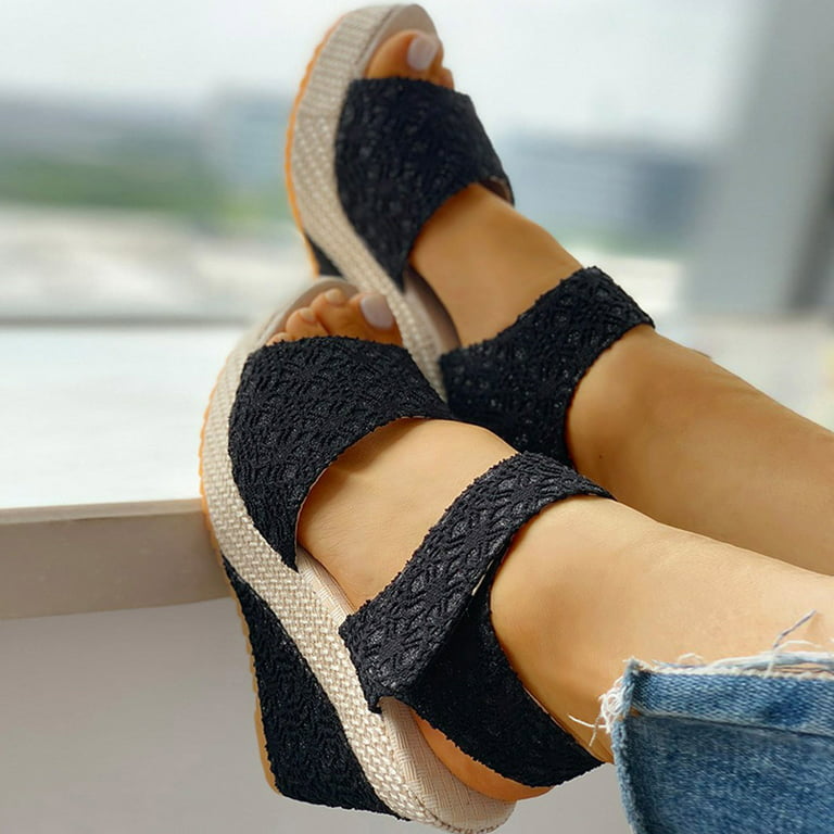 Women's Denim Espadrille Wedge Sandals, Peep Toe Slip On Platform