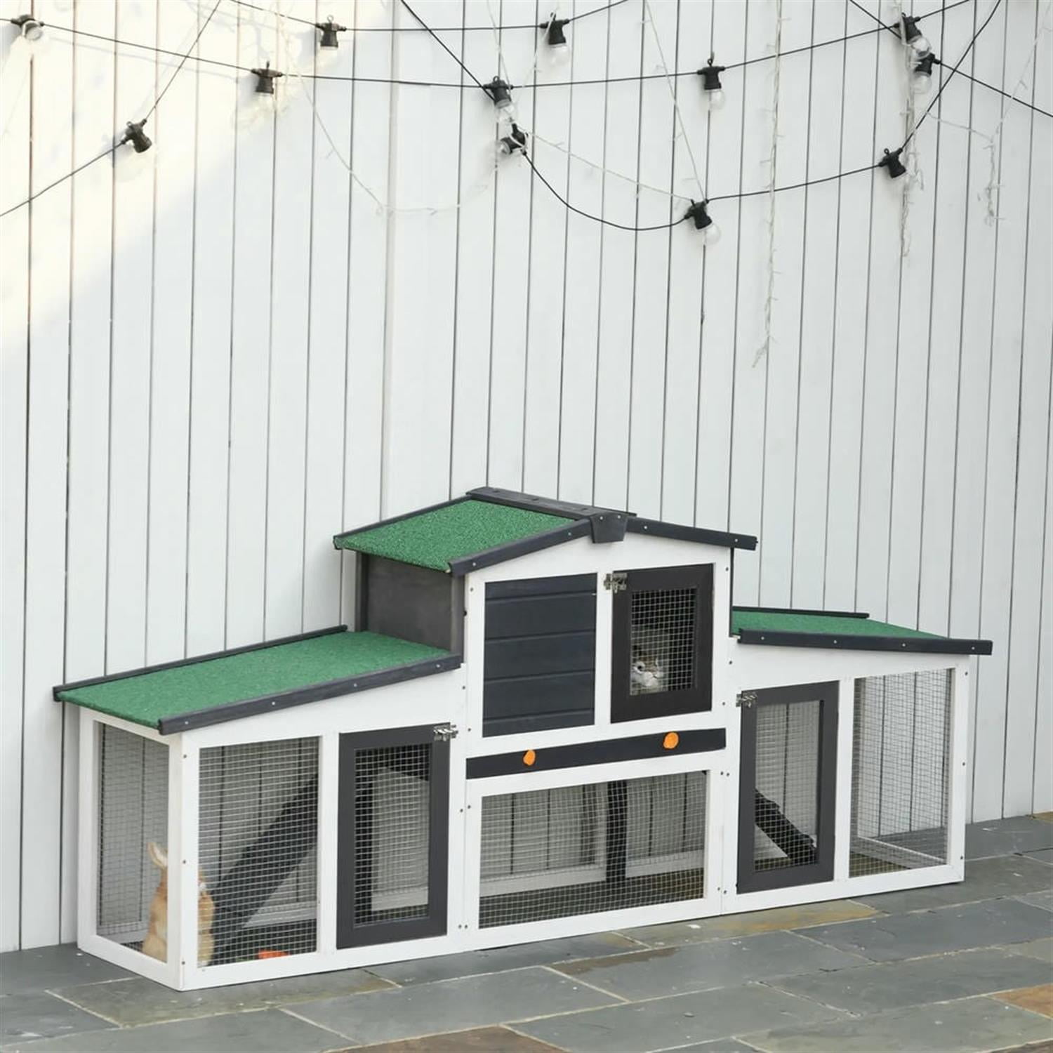Kadyn 77" Wooden Rabbit Hutch with Double Side Run Boxes, Outdoor Small Animal Habitat Chicken Coop Bunny Cage for Bunnies, Guinea Pigs, Gray