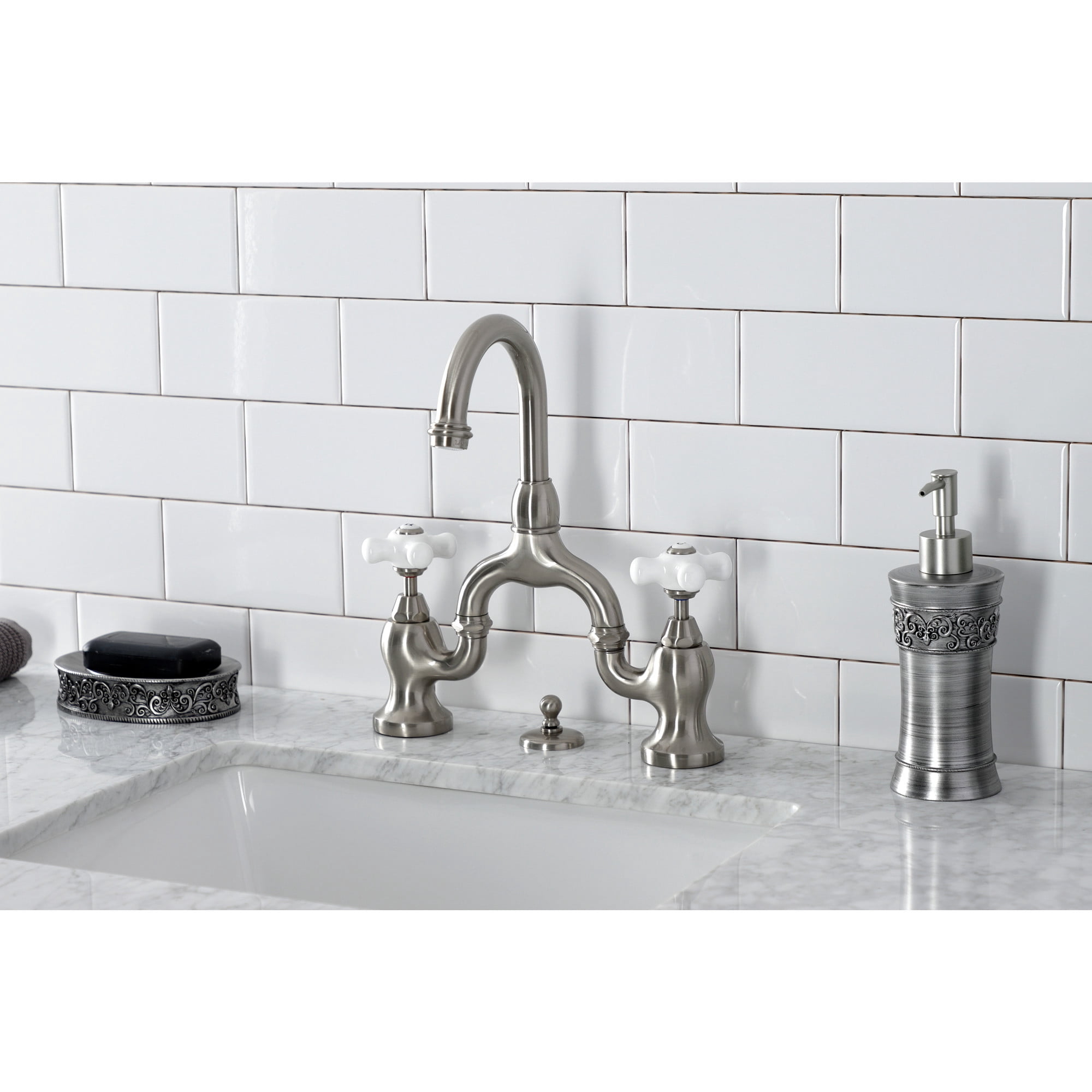 Kingston Brass KS7998PX English Country Bridge Bathroom Faucet with Brass Pop-up, Brushed Nickel